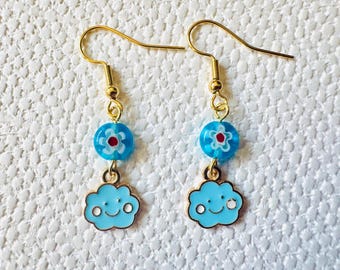 Happy Cloud Earrings: Blue Enamel Charm, Millefiori Glass Beads, Gold Plated Wires