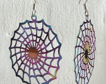 Halloween Spider Web Earrings, Funky Rainbow Stainless Steel Filigree Pendants, Sterling Silver Ear Wires