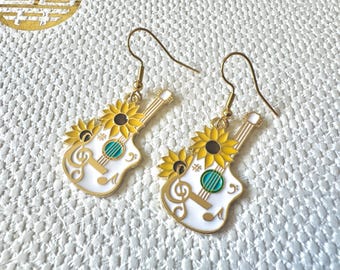 Flower Power Ukulele Earrings: Gold Plated Sunflower Dangles