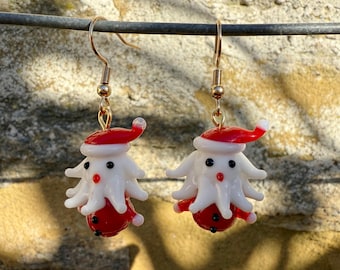 Father Christmas Dangle Earrings : Murano Glass, Gold Plated Wires