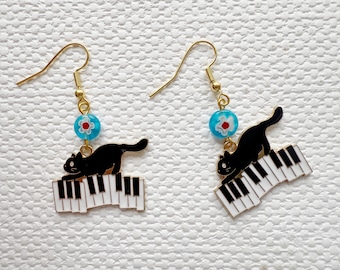 Black Cat Music Earrings: Murano Glass, 18k Gold Plated