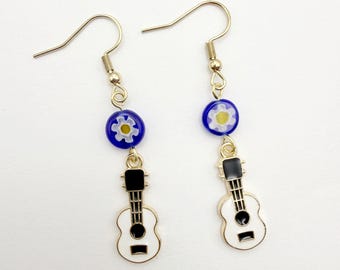 White Ukulele Earrings: Enamel Charms, Blue Flower Millefiori Beads, Gold plated Ear Wires