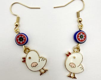 Enamel Chick Earrings with Murano Glass Beads, Gold Plated Wires
