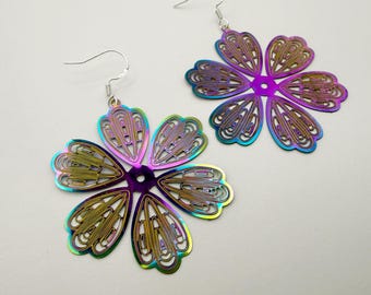 Iridescent Flower Power Earrings: Handmade Stainless Steel Filigree, Sterling Silver Ear Wires
