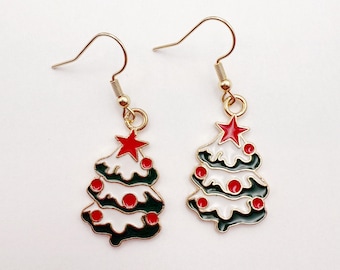 Christmas Tree Earrings : Enamel Charm, Gold Plated Ear Wires