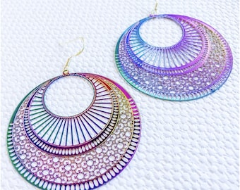Holographic Filigree Earrings: Colourful Rainbow Disco Hoops