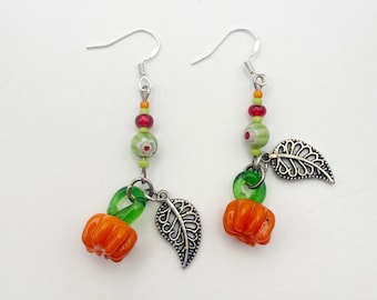 Halloween Pumpkin Earrings, Millefiori Glass Beads, Silver Ear Wires