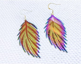 Holographic Feather Earrings: Handmade Sterling Silver Statement Jewelry