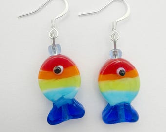 Rainbow Fish Earrings, Glass Seed Bead, Silver Ear Wire