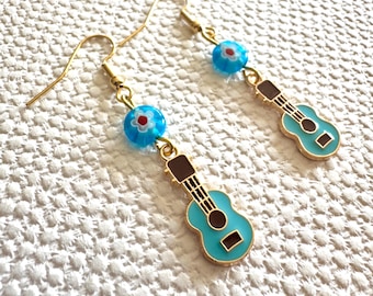 Blue Ukulele Earrings: Enamel Charm, Gold Plated, Millefiori Beads