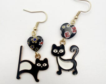 Mismatched Cat Enamel Earrings, Millefiori Glass Heart Beads, Gold Plated Ear Wires