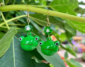 Green Frog Bell Earrings: Kawaii Jingle Earrings, Millefiori Beads