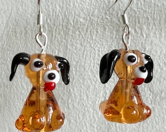 Puppy Dog Earrings,  Lampwork Glass, Silver Ear Wires