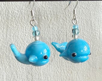 Spouting Whale Earrings, Glass Seed Beads, Silver Ear Wires.