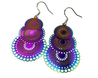 Holographic Abstract Circle Earrings: Handmade Stainless Steel Filigree Charm, Sterling Silver Ear Wires