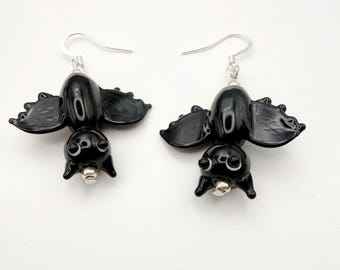 Halloween Black Bat Earrings, Lampwork Glass Beads, Silver Ear Wires