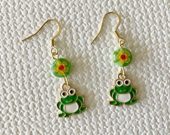 Enamel Green Frog Earrings: Millefiori Flower Beads