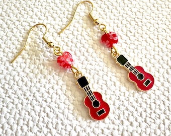Red Enamel Ukulele Earrings: Gold Plated, Millefiori Heart