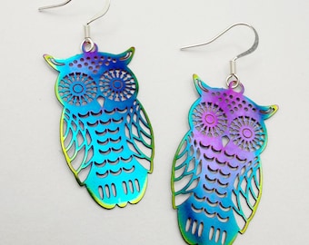 Rainbow Filigree Earrings: Holographic Stainless Steel Owls, Sterling Silver Ear Wires