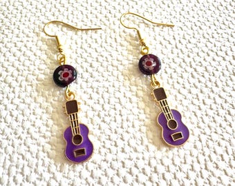 Purple Ukulele Earrings: Enamel Charm, Gold Plated, Millefiori Beads