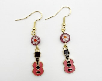 Pink Enamel Ukulele Earrings: Millefiori Glass Beads, Gold Plated Ear Wires