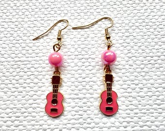 Pink Enamel Ukulele Earrings: 18k Gold Plated Wires