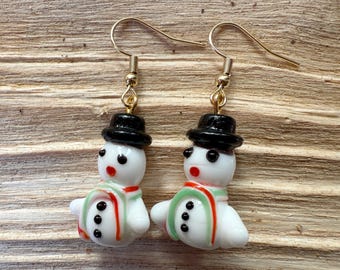 Snowman Dangle Earrings : Murano Glass, Gold Plated Wires