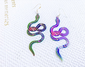 Holographic Snake Earrings, Sterling Silver Sun & Moon Design