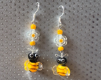 Bee Earrings, Handmade Lampwork Glass Bees and Flowers, Sterling Silver Ear Wires