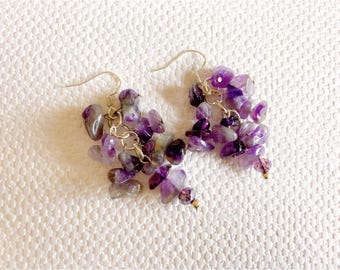 Handmade Amethyst Chip Earrings, Sterling Silver Boho Style