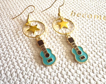 Blue Enamel Ukulele Earrings: Gold Plated Music Jewelry
