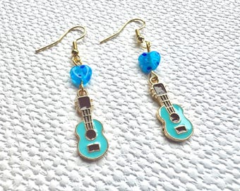 Blue Enamel Ukulele Earrings: Gold Plated Music Jewelry
