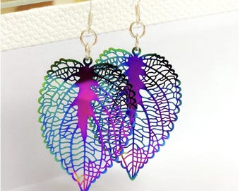 Holographic Leaf Earrings: Sterling Silver Ear Wire, Steel Filigree