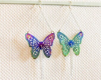 Holographic Butterfly Earrings: Sterling Silver Filigree Statement Jewelry
