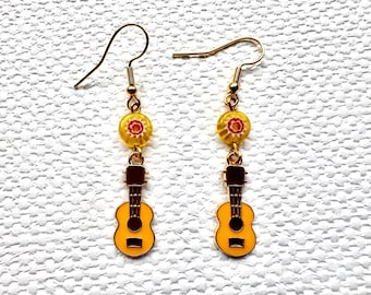 Yellow Enamel Ukulele Earrings: Gold Plated, Millefiori Beads