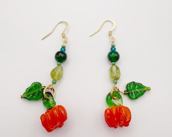 Handblown Glass Pumpkin Earrings, Peridot Gemstones and Glass Beads, Gold Plated Ear Wires