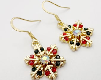 Sparkly Christmas Snowflake Earrings, Gold Ear Wires