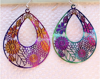 Holographic Flower Earrings: 60s Hippie Sterling Silver Jewelry