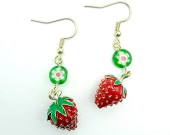 Handmade Enamel Strawberry Earrings, Italian Millefiori Glass Beads, Gold Plated Ear Wires
