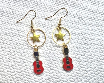 Red Enamel Ukulele Earrings: Gold Plated Music Jewelry