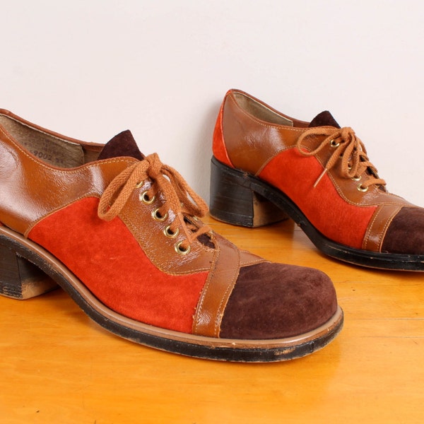 1960s Colorblocked Oxfords - Womens 10 - Suede 60s Oxford Platforms Lace Up Chunky Hush Puppies Colorblock Orange Tan Brown Leather Mod