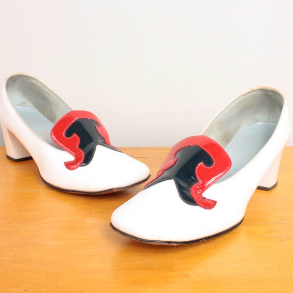 1960s Loafers / Loafer Pumps - Red White Navy Blue Patent Leather - Womens Size 10