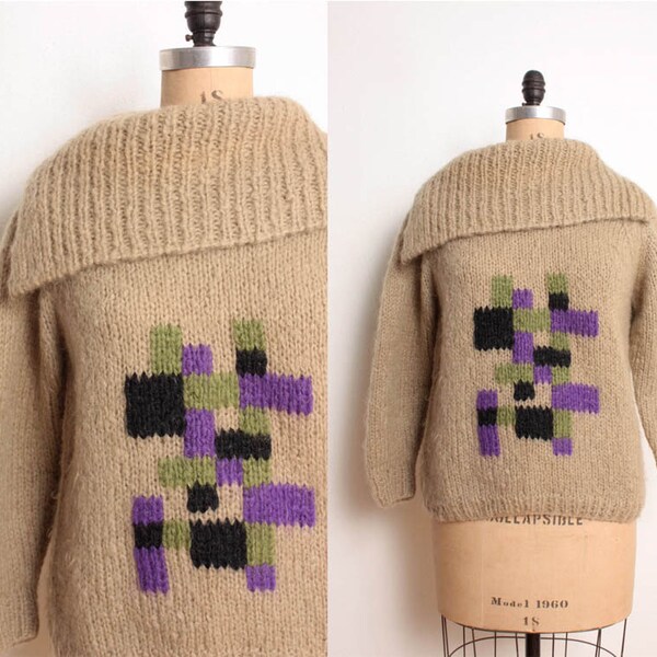 40% off 1960s Chunky Cowl Neck Sweater in Taupe Mohair / Wool w/ Purple Black & Olive Green Graphic Knit Squares Motif - L / XL