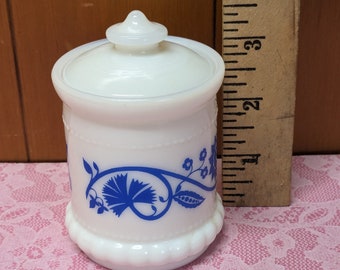 Vintage MCM Atlas Milk Glass Spice Jar with Blue Sweet Pea Design