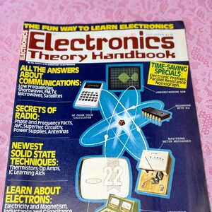May include: A vintage 1977 edition of the "Electronics Theory Handbook" magazine. The cover features a blue and white graphic with illustrations of electronic components and text. The magazine's title is in large red and white letters.