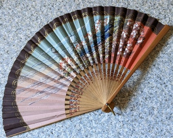 Vintage Hand Fan with Paper Leaf and Bamboo Sticks or Ribs - Image of Small Village and 2 Boats - Stamped Made in Occupied JAPAN