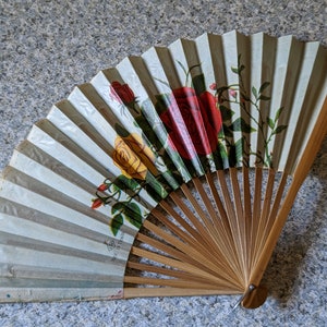 Vintage LTC Hand Fan with Paper Leaf and Bamboo Sticks or Ribs - Image of Red and Yellow Roses