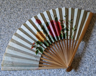 Vintage LTC Hand Fan with Paper Leaf and Bamboo Sticks or Ribs - Image of Red and Yellow Roses