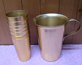 Vintage BOMBAY Anodized Aluminum Tumblers or Drinking Glasses with Pitcher Copper Tone