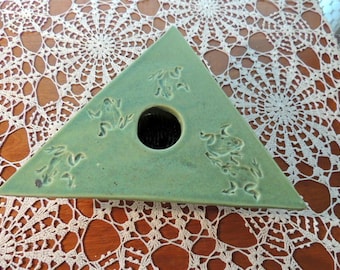 Unique Crutchfield Pottery Piece Green Triangle Shape with Flower Frog in Center